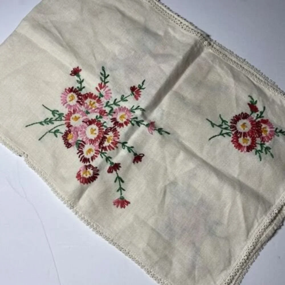 Vintage Dresser Scarf Table Runner Embroidered Floral Flowers Red Pink